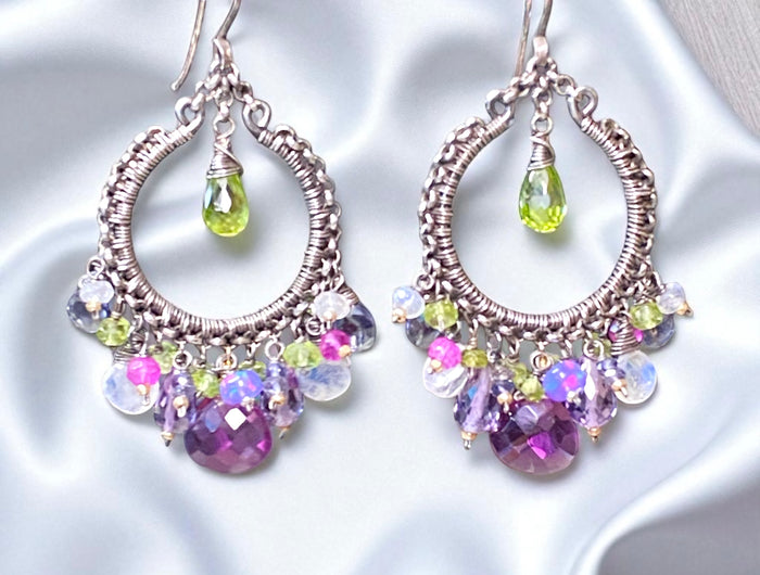 Multi Gemstone Chandelier Hoop Earrings - Peridot Lavender Violet
