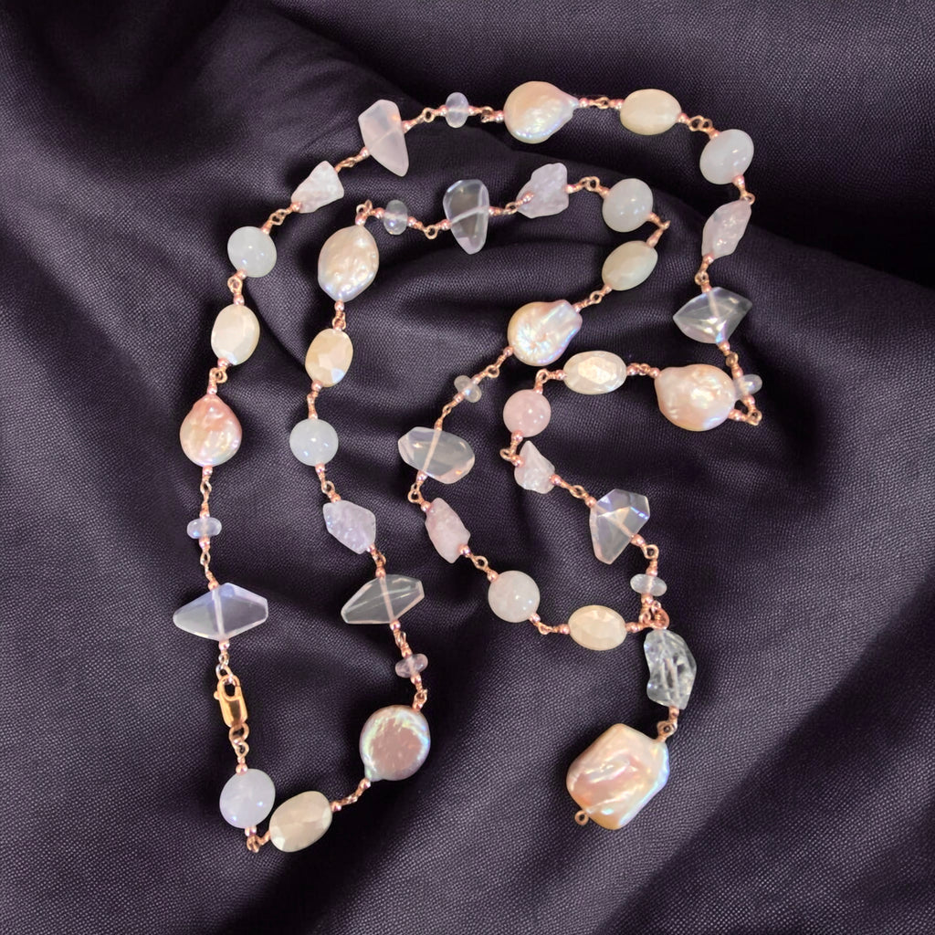 Blush Pink Coin Pearl Long Sautoir Necklace — Rose Gold Fill, Rose Quartz & Morganite