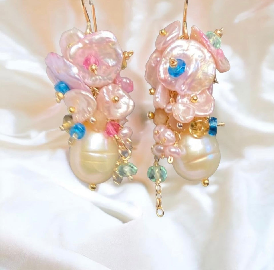 Pink Pearl Cluster Earrings with Blush Keishi Pearls