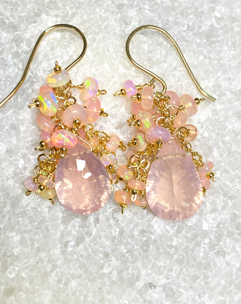 Pink Opal Cluster Earrings Rose Quartz Concave Cut Briolette Earrings Gold