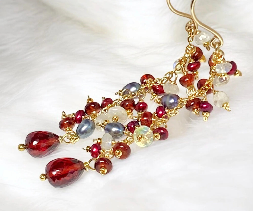Red Garnet Cranberry Pearl and Opal Long Dangle Earring, Gold