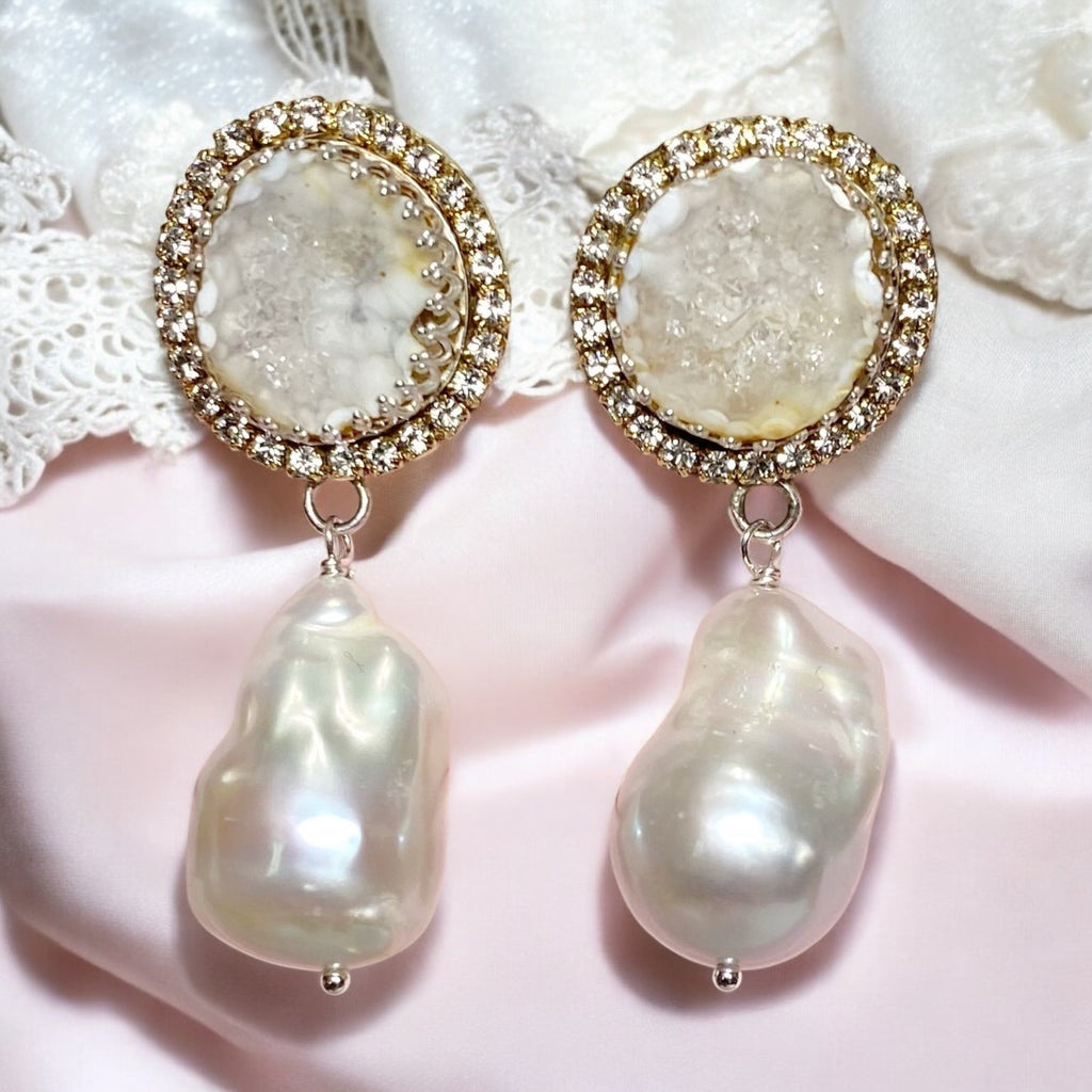 Handmade Ivory White Tabasco Geode Wedding Earrings Post with Baroque Pearl Drops