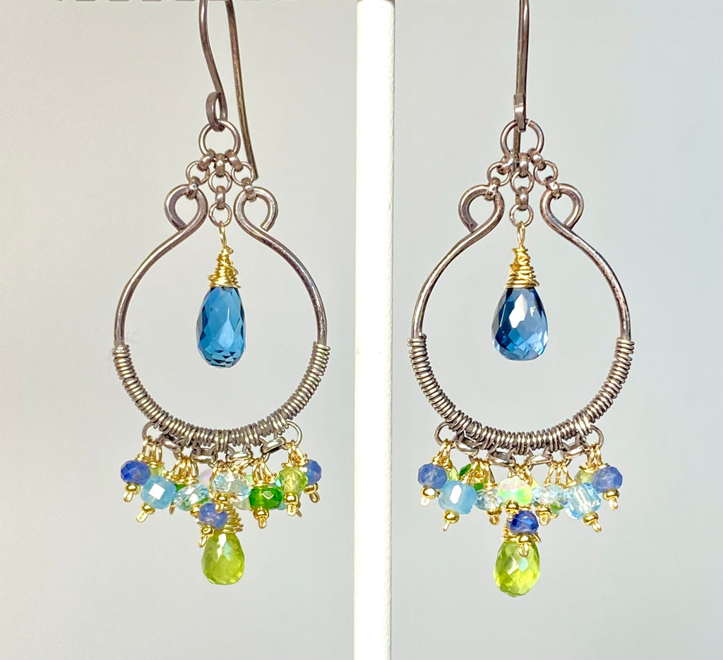 London Blue Topaz, Peridot, Oxidized Silver Hoop Chandelier Earrings Mixed Metal