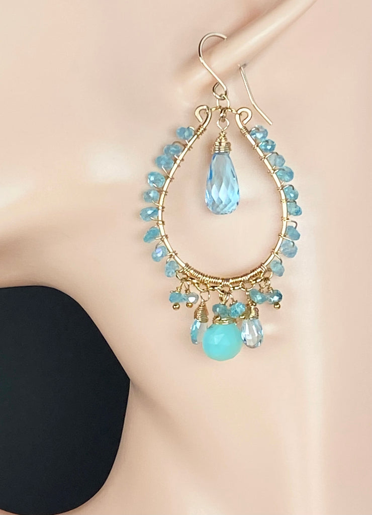 Blue Topaz Gold Fill Hoop Chandelier Earrings with Apatite, Peruvian Opal