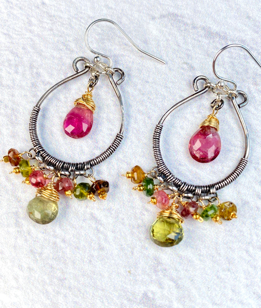 Pink and Green Tourmaline Mixed Metal Hoop Chandelier Earrings - Doolittle
