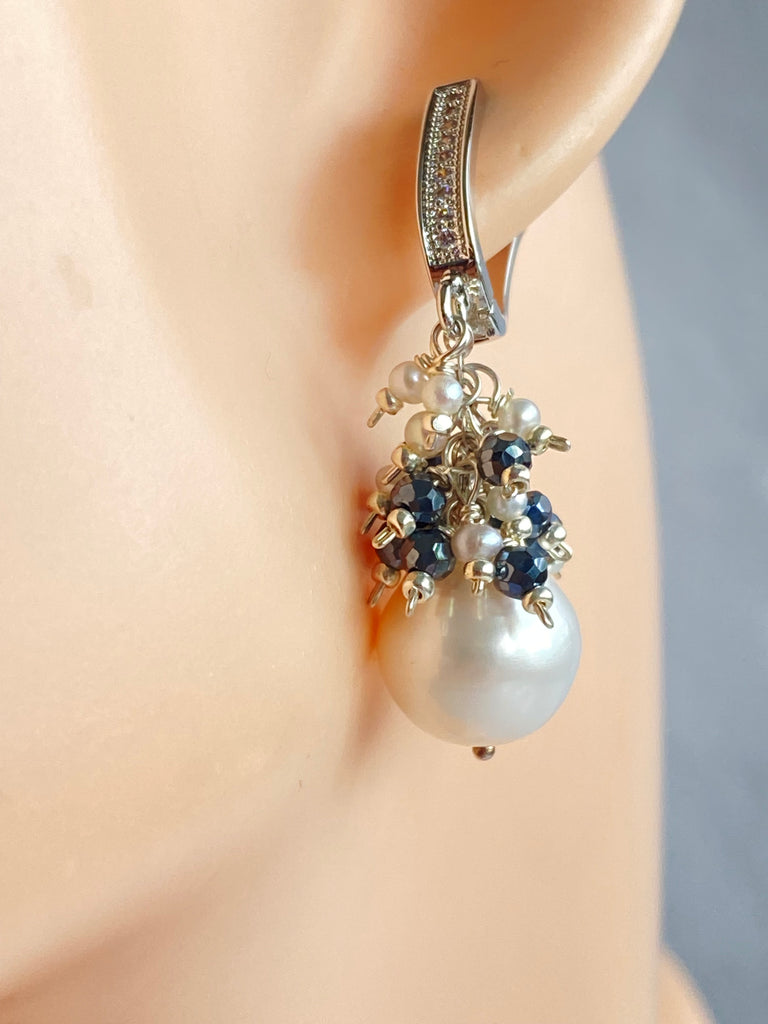 White Pearl Black Spinel Cluster Earrings Sterling Silver