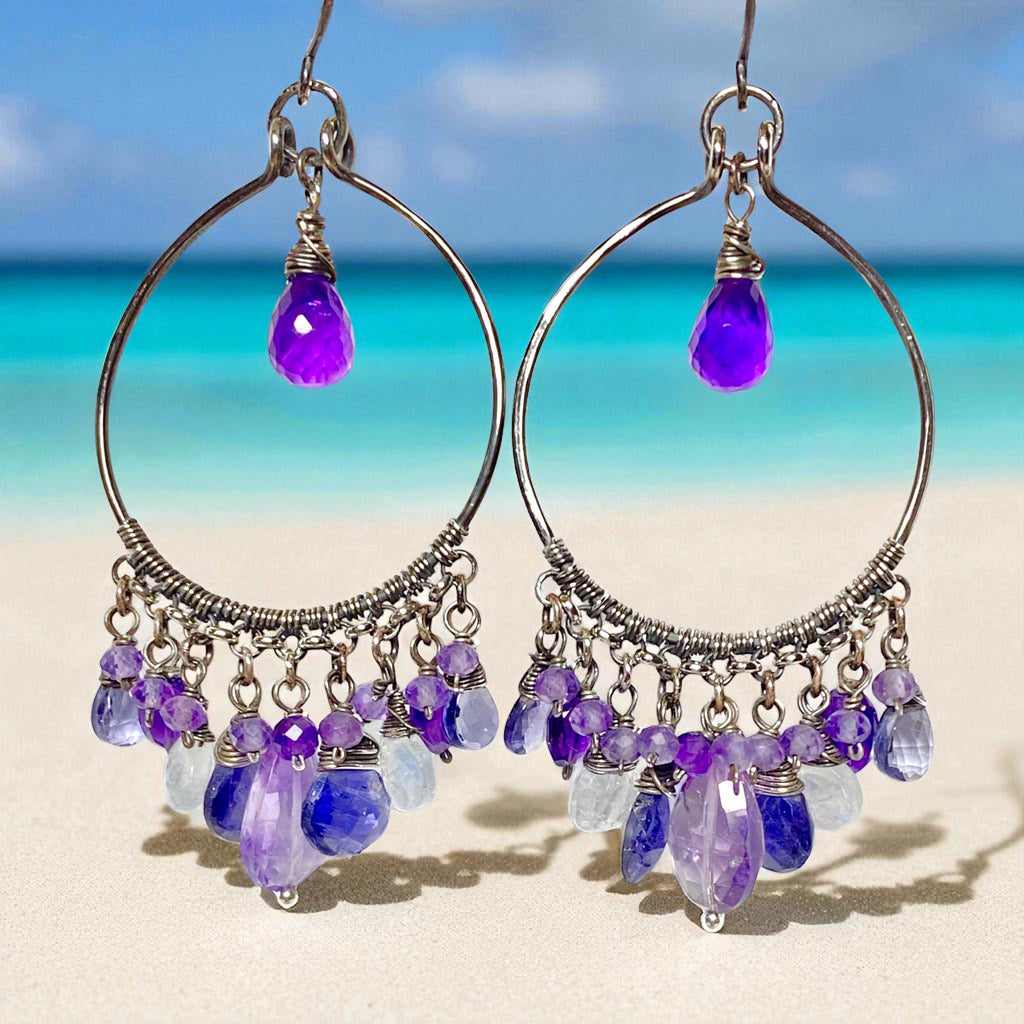 Blue Purple Gemstone Chandelier Hoop Earrings Oxidized Silver 3