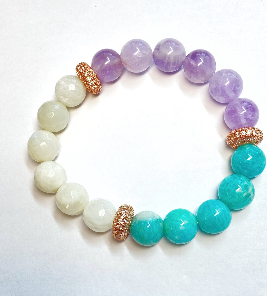 Turquoise Bracelet Stack Set of 3 Rose Gold Pave CZ Moonstone Lavender Quartz