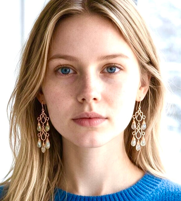Close-up of a model wearing two-tier rose gold-filled labradorite chandelier earrings with a blue sweater