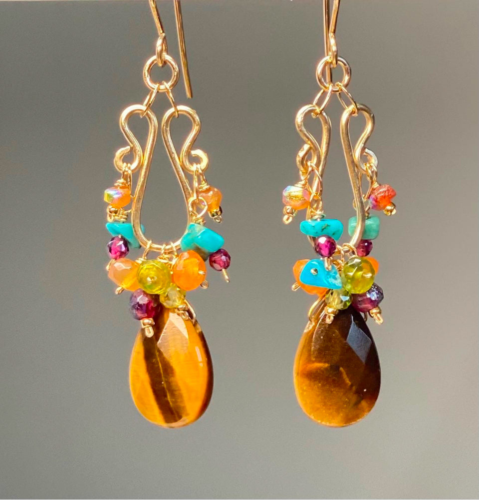 Tiger Eye Multicolor Gemstone Gold Chandelier Earring