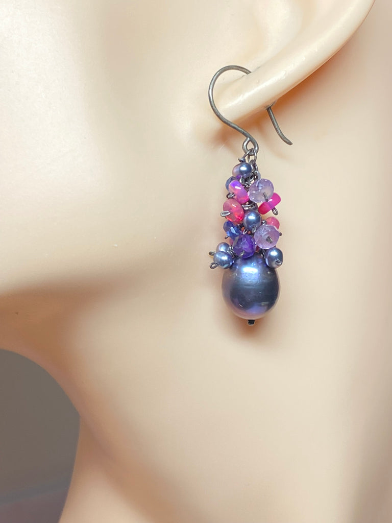 Peacock Pearl Cluster Earrings with Amethyst, Iolite and Pink Opals in Oxidized Sterling Silver