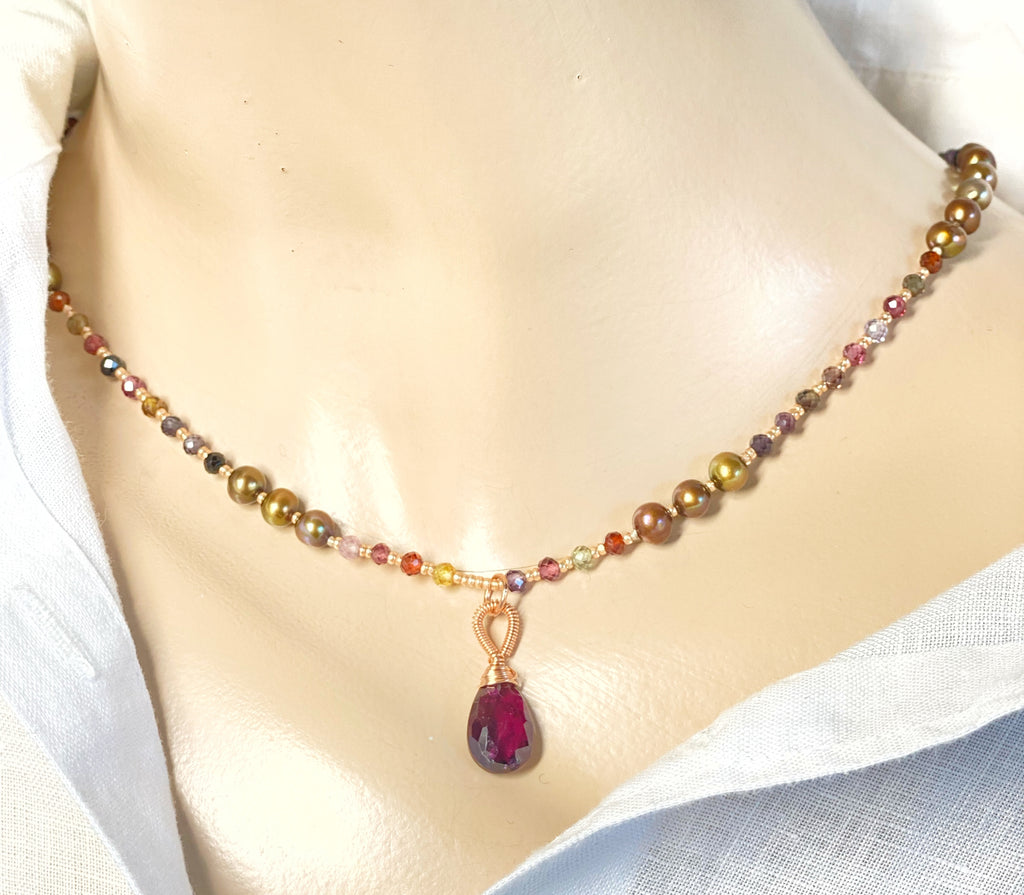 Rhodolite Garnet and Pearl Silk Knotted Necklace 2