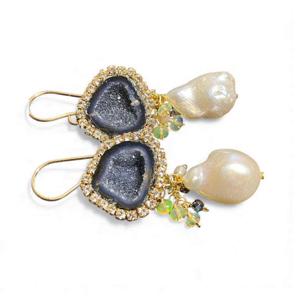 Black Tabasco Geode Earrings with White Baroque Pearls and Opal Clusters