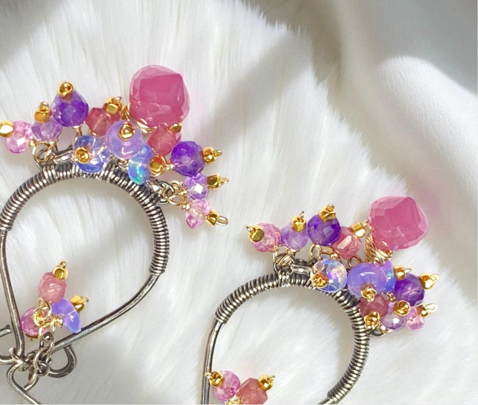 Pink Sapphire Mixed Metal Hoop Chandelier Earrings - Oxidized Sterling Silver - Doolittle