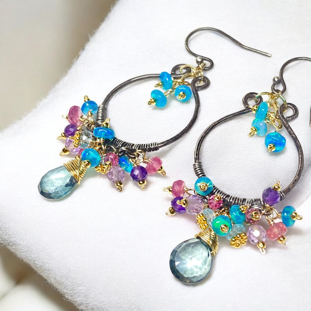 Oxidized Silver Hoop Chandelier Earrings, Aqua Opal, Pink Sapphire, Mixed Metals 1