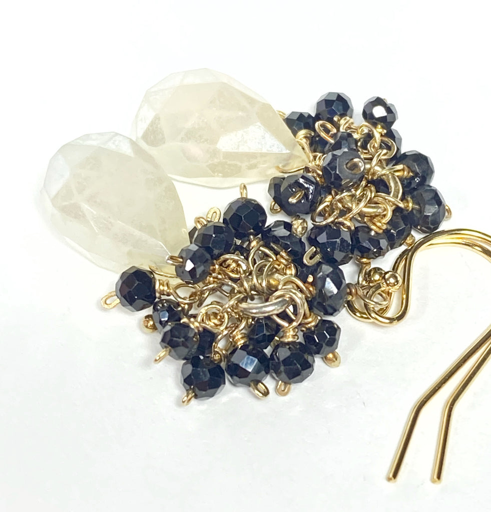 Mystic Ivory Chalcedony, Black Spinel Cluster Earrings Gold Fill