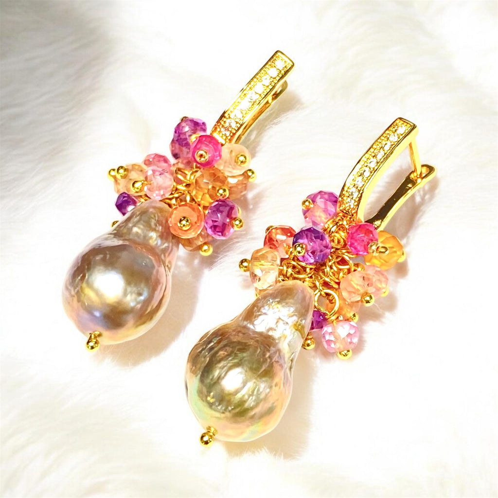 Baroque Flameball Gold Silver Pearl Earrings with Padparadscha Sapphire Clusters Gold Fill - Doolittle