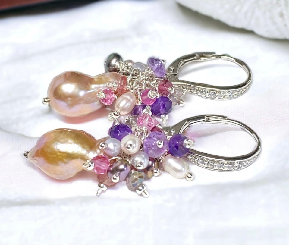 Baroque Pearl Amethyst Cluster Earrings Sterling SIlver