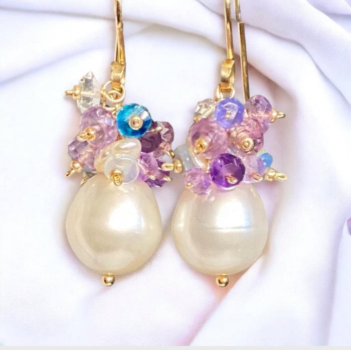 Gemstone Cluster Pearl Earrings Amethyst Tanzanite Gold