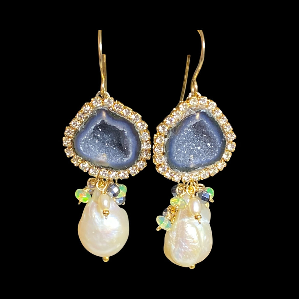 Black Tabasco Geode Earrings with White Baroque Pearls and Opal Clusters