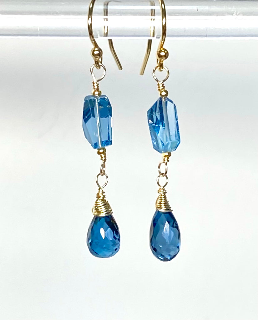 London Blue Topaz Gemstone Nugget Dangle Earrings 14k Gold Fill