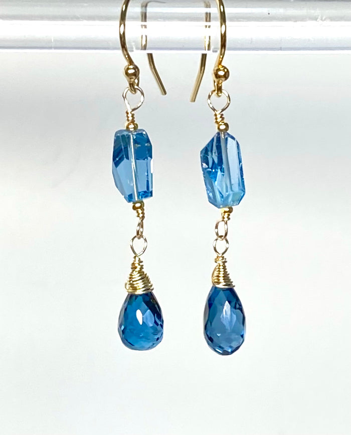 London Blue Topaz Gemstone Nugget Dangle Earrings 14k Gold Fill