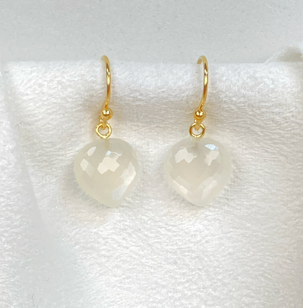 White Moonstone Gemstone Heart Dangle Earrings 14k Gold Fill