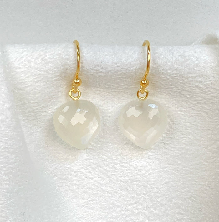 White Moonstone Gemstone Heart Dangle Earrings 14k Gold Fill