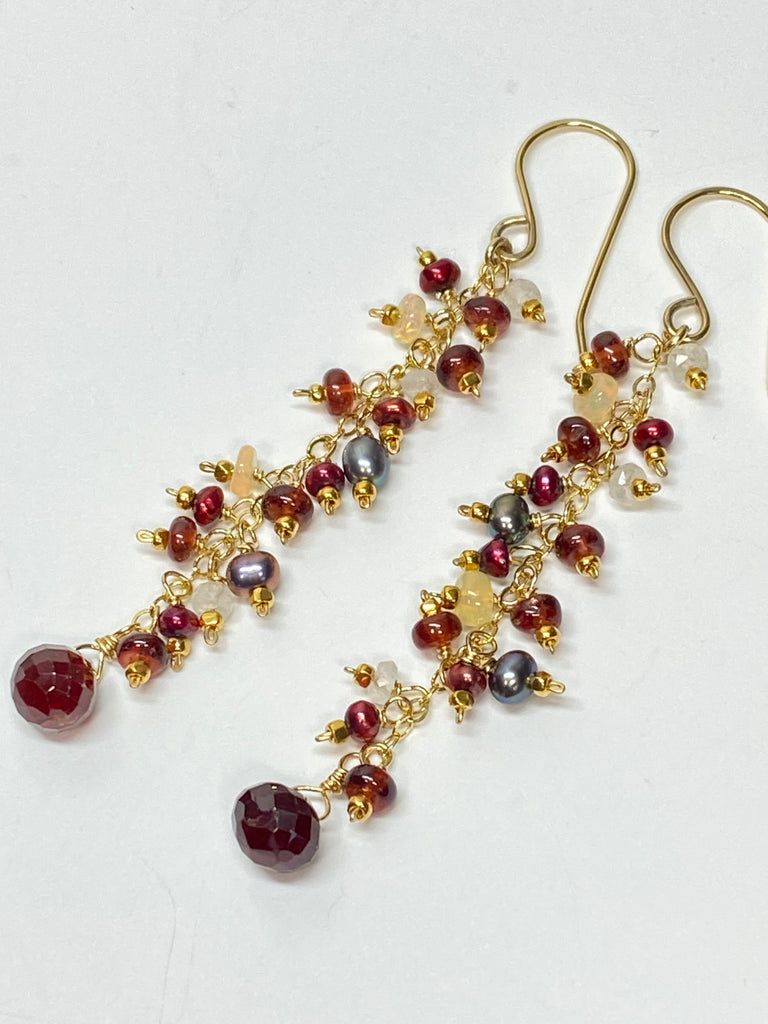 Red Garnet Cranberry Pearl and Opal Long Dangle Earring, Gold