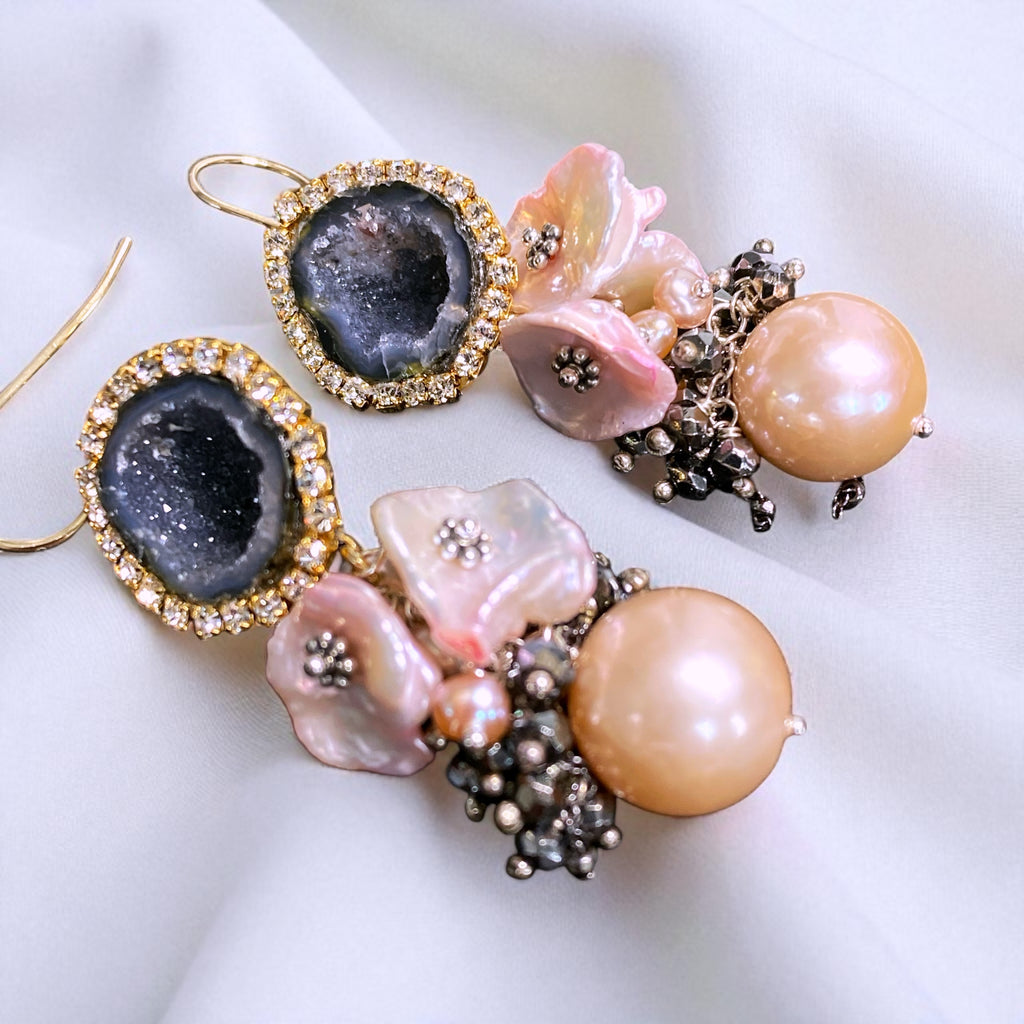 Pink Edison Pearl Cluster Earrings with Keishi and Black Geodes