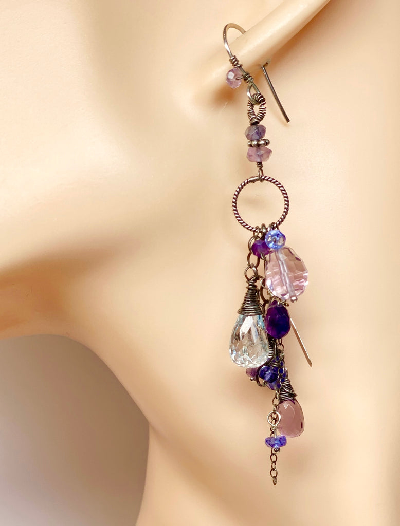 Blue Violet Boho Dangle Earrings Amethyst, Blue Topaz, Kyanite, Oxidized Sterling Silver