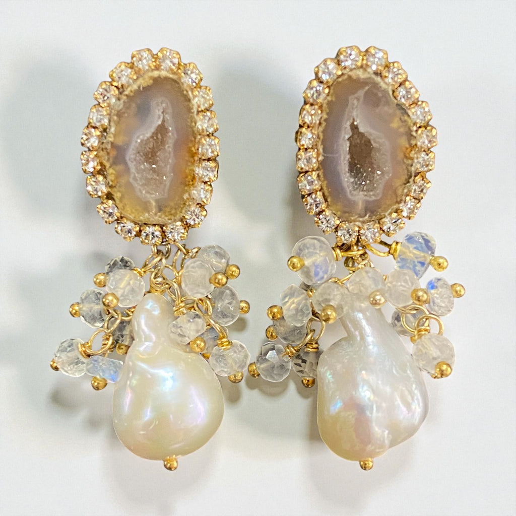 Golden Beige Tabasco Geode and Ivory White Baroque Pearl Earrings