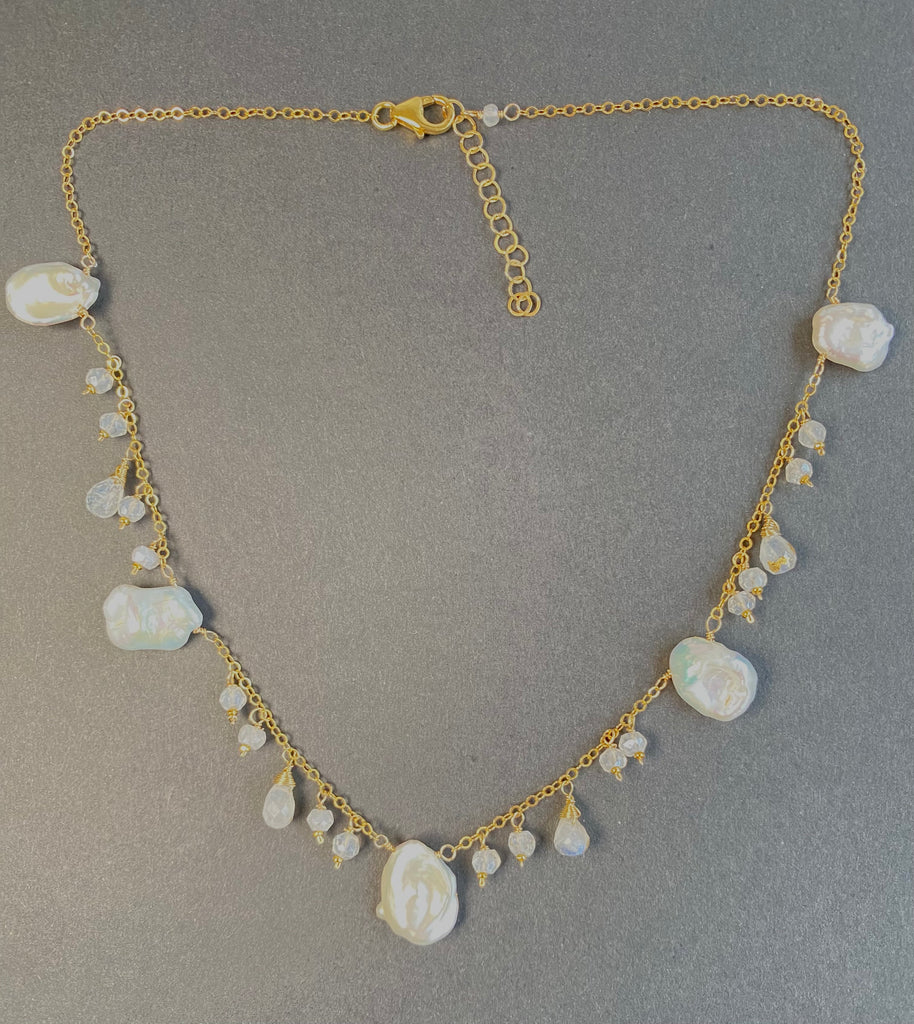 Keishi Pearl 24kt Gold Leaf Boho Dangle Necklace with Rainbow Moonstone