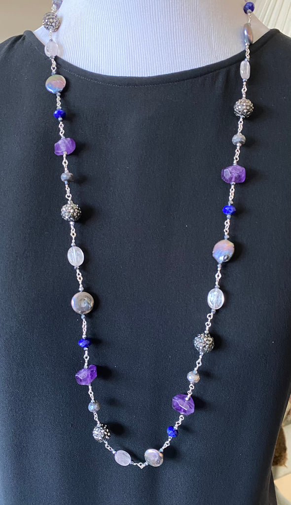 Long Blue Violet Necklace Amethyst Kunzite Coin Pearl Sterling Silver 2