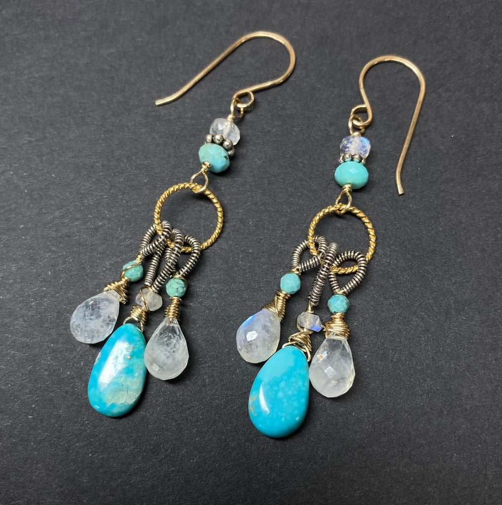 Kingman Turquoise, Rainbow Moonstone Dangle Earrings Mixed Metals, Handmade