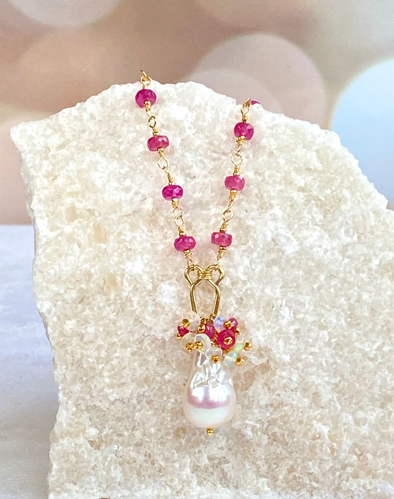 Pink Sapphire Gold Fill Wire Wrap Necklace Rosary Style Baroque Pearl Pendant