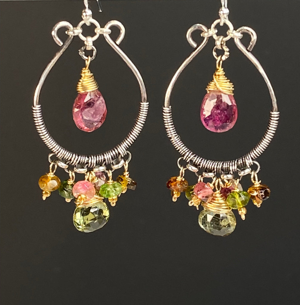 Pink and Green Tourmaline Mixed Metal Hoop Chandelier Earrings - Doolittle