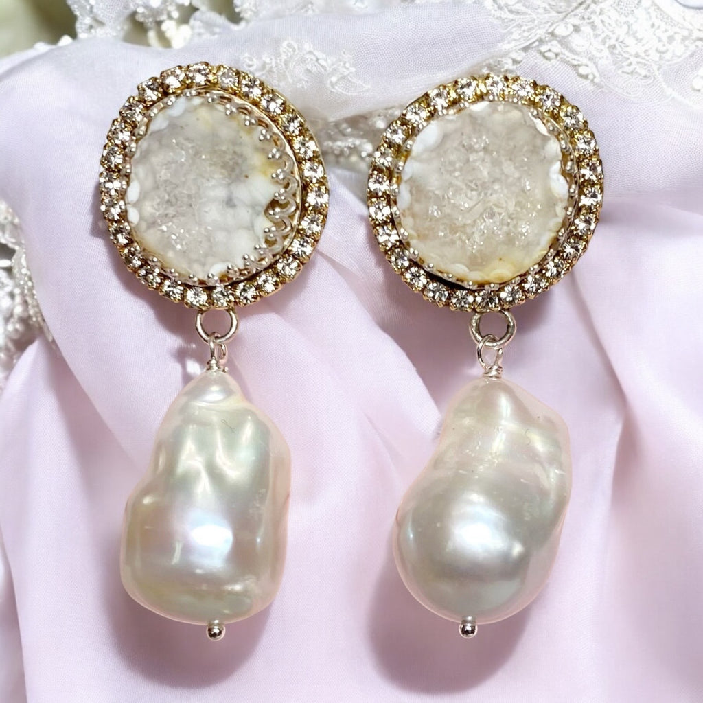 Handmade Ivory White Tabasco Geode Wedding Earrings Post with Baroque Pearl Drops