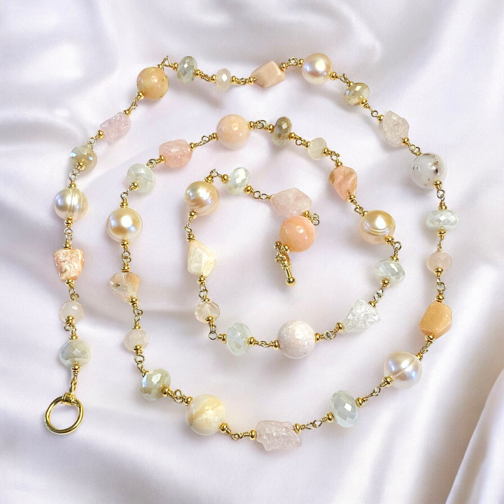 Pink Blush Gemstone and Pearl Long Necklace Gold Fill Wire Wrap