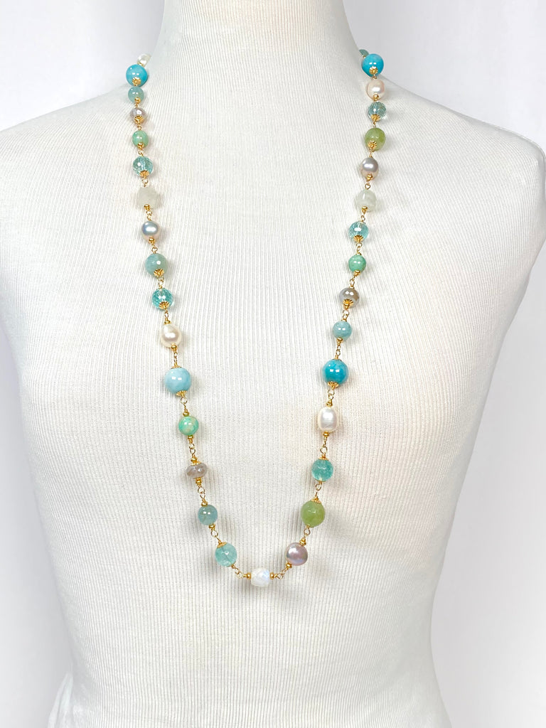 Aquamarine Pearl Long Wire Wrap Necklace Gold Moonstone