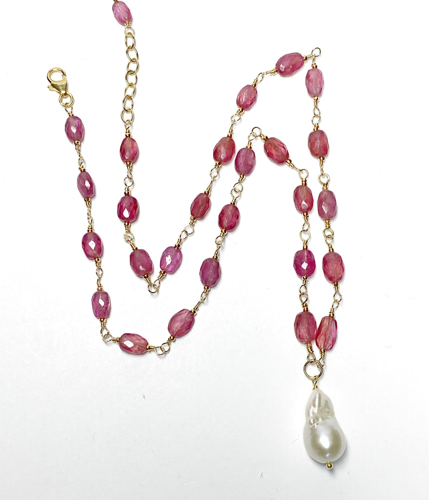 Pink Sapphire Gemstone and Pearl Pendant Necklace, Rosary Style, 14 kt Gold Fill