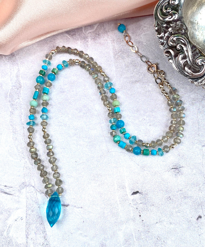 Aqua Turquoise Quartz Silk Knot Pendant Necklace:  Labradorite, Turquoise, Amazonite, Sterling Silver