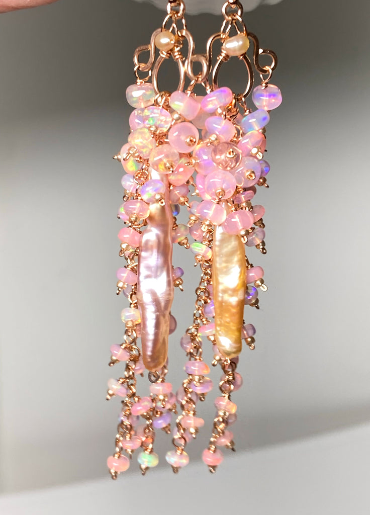 Blush Biwa Pearl Earrings Long Baby Pink Opal Clusters Rose Gold 2