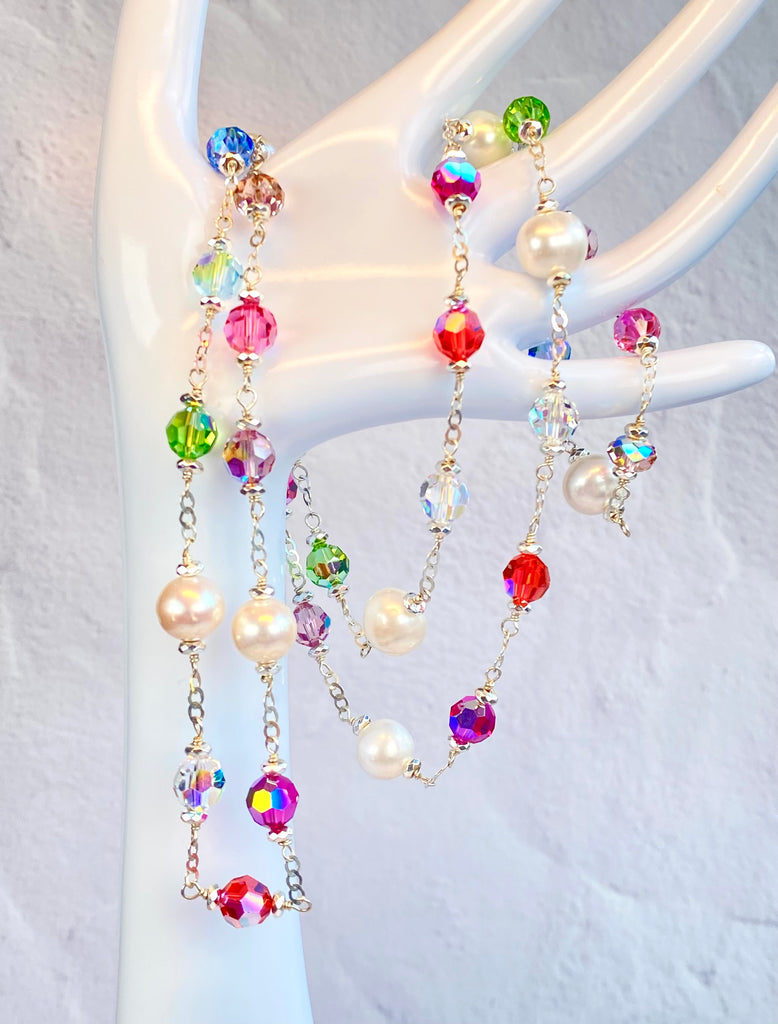 Long Pearl and Austrian Crystal Sautoir Necklace Sterling Silver