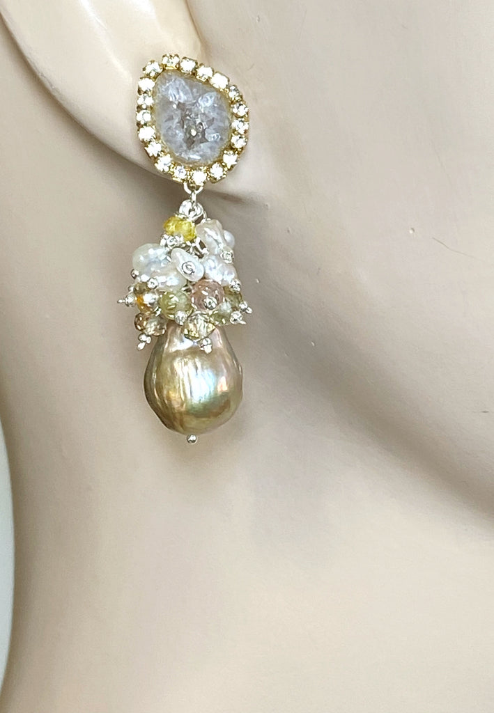 Tabasco Geode and Golden Baroque Pearl Cluster Post Earrings