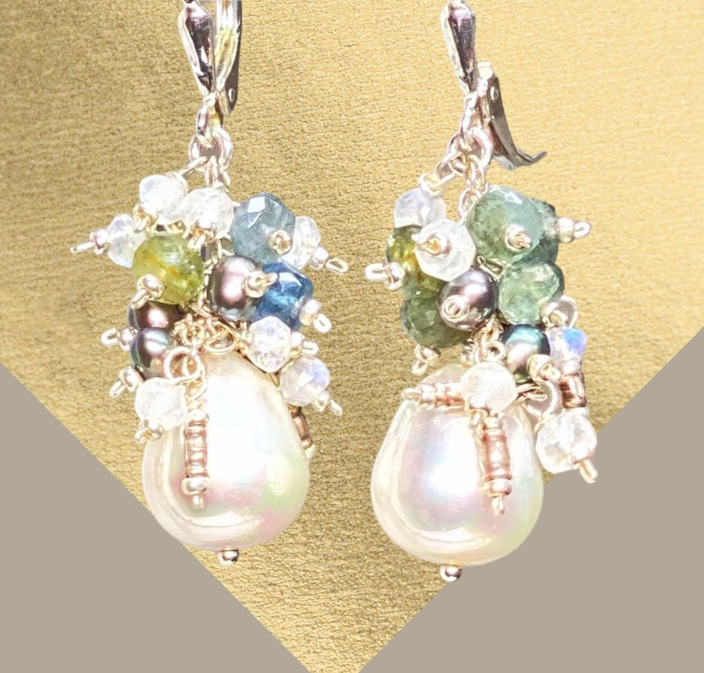 Moss Aquamarine and Pearl Cluster Earrings, Sterling Silver