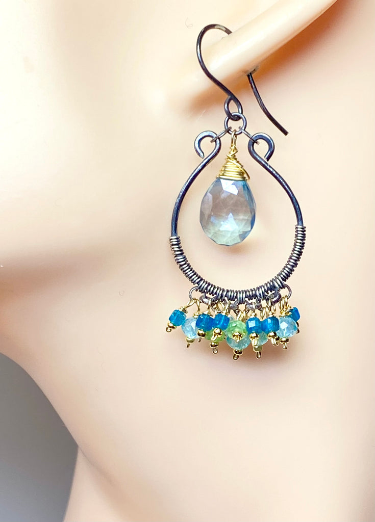 Aqua Apatite Oxidized Sterling Silver Hoop Chandelier Earrings
