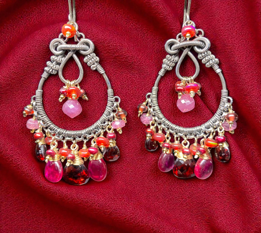 Red Garnet Mixed Metal Chandelier Hoop Earrings - Red Opals, Pink Sapphire Sterling Silver Gold Fill