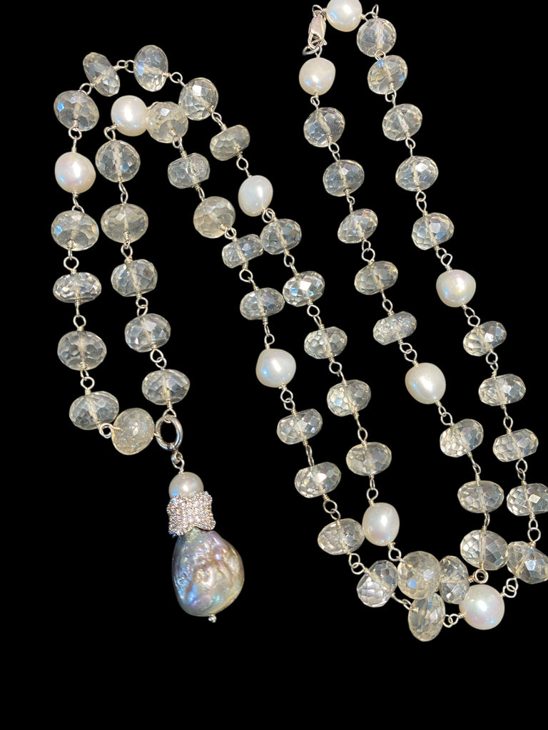 Mystic Silver Quartz and Pearl Long Wire Wrap Necklace Sterling Silver