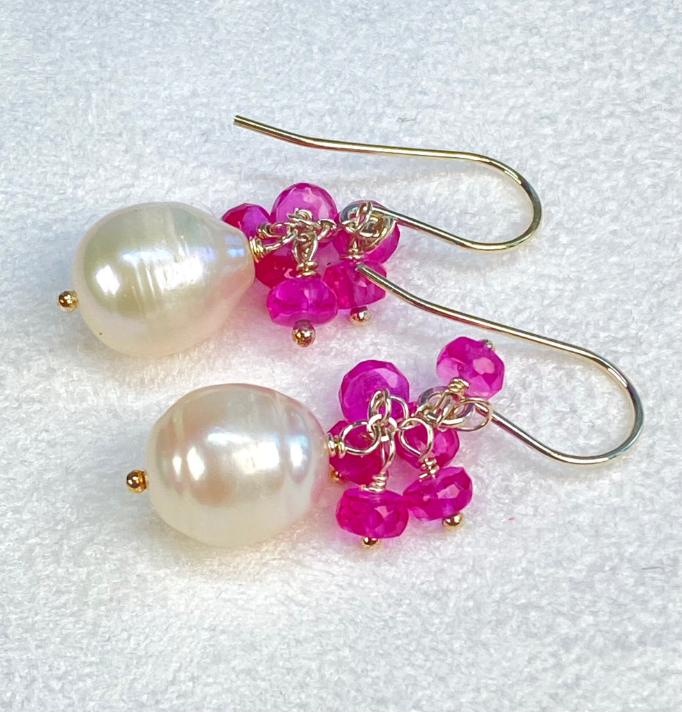 Pearl Cluster Earrings with Fuchsia Pink Sapphires, Sterling Silver